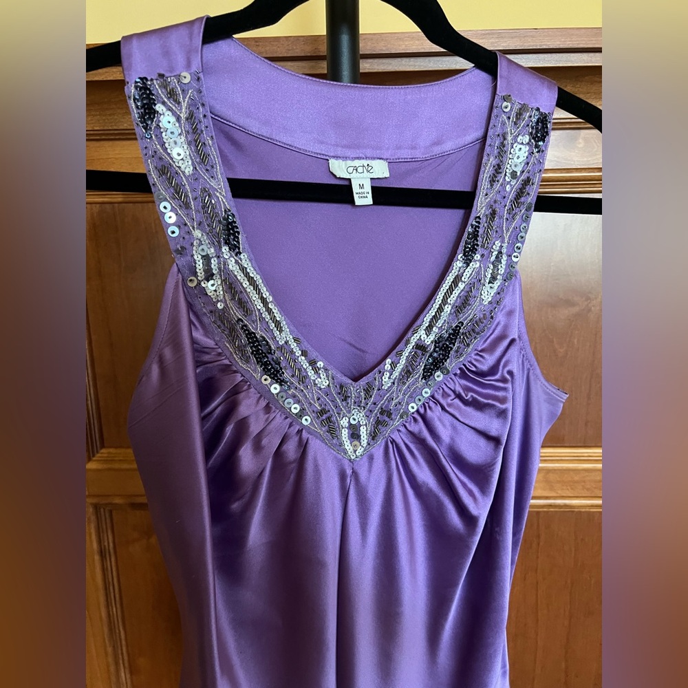 Cache Top Vintage Silk Jazz Age Blouse Sleeveless Sequined Amethyst Size M - Picture 2 of 16